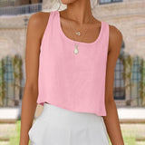 Sleeveless Crew-Neck Button-Up Womens Blouse Top