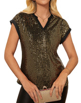 Womens Sequin V-Neck Short-Sleeve Party Top Shirt