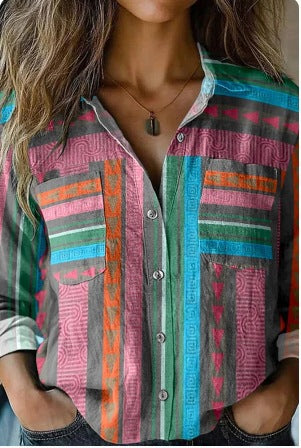 Women's Fashion Plus-size Lapel Long-sleeve Shirt Top