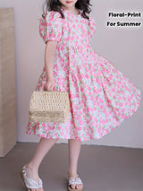 A Pink Floral Print Princess Dress with Short Sleeves, Perfect for Summer Outings And Parties