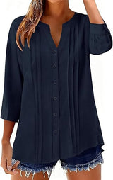 Pleated Casual Solid-Color Loose Cotton-Linen Shirt