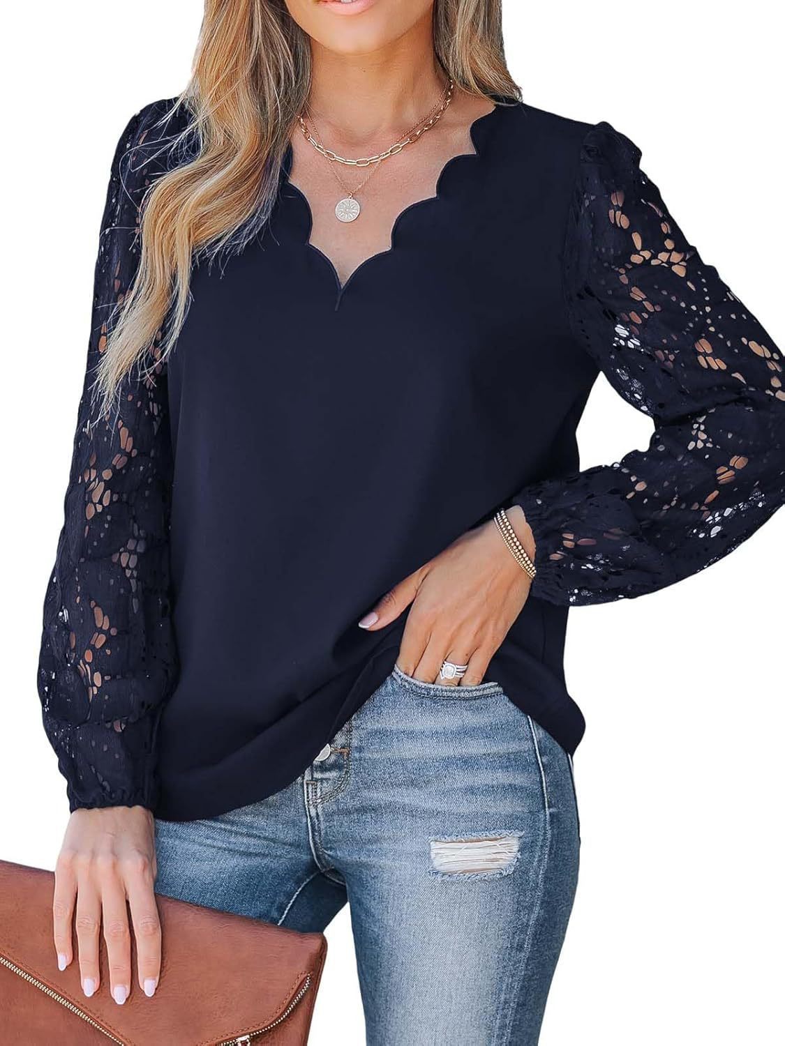 New Womens V-Neck Wave-Pattern Floral Lace Long-Sleeve Shirt