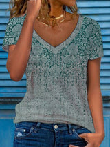 Women's Multicolor Floral Print Short-Sleeve V-Neck Top