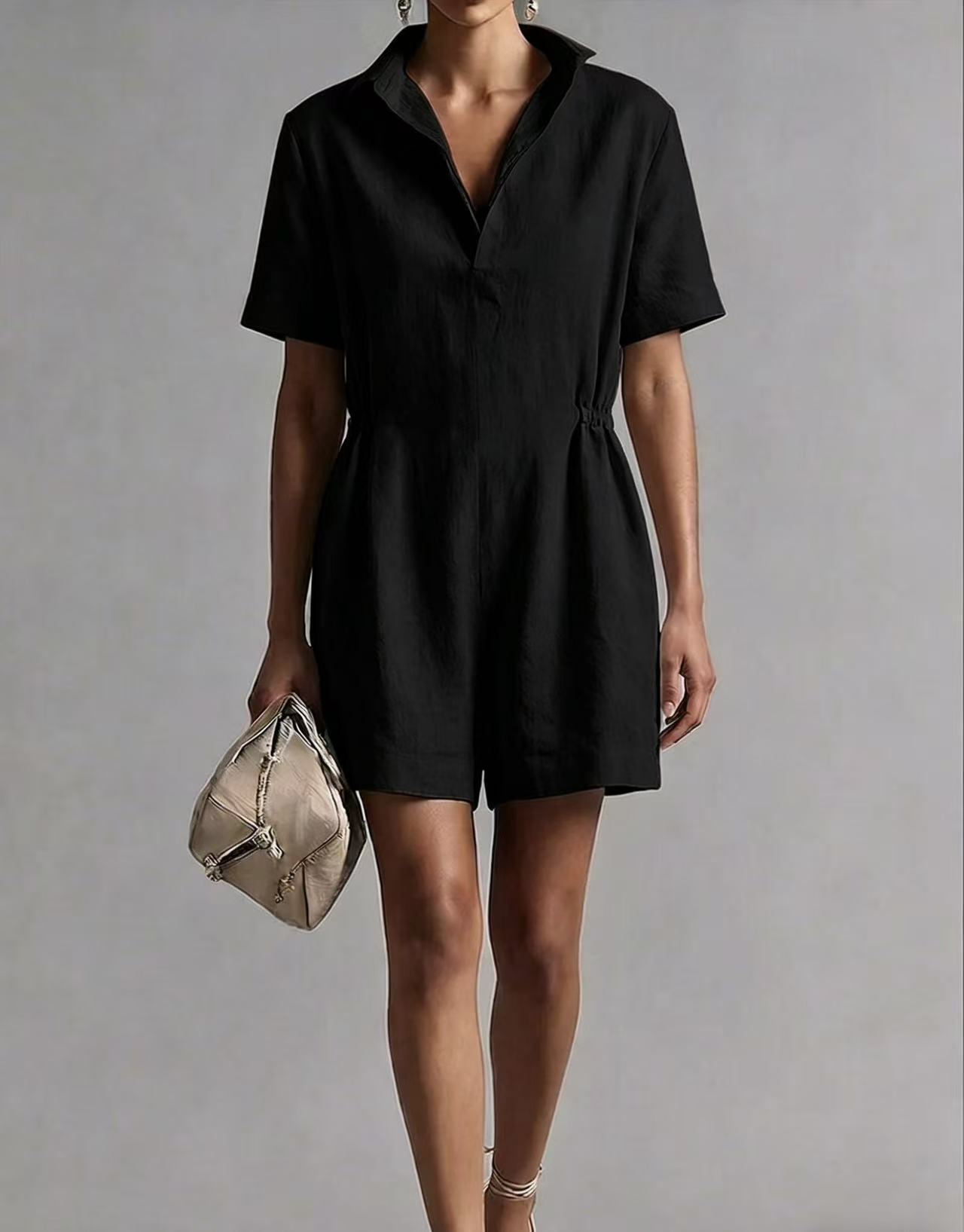 Womens Casual Long-Sleeve Lapel-Neck Split Jumpsuit
