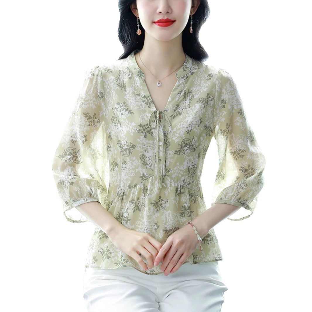 Sweet V-neck Floral Shirt Womens Summer New Stylish Design