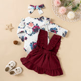 Printed Long-sleeved Baby Girl Romper Two-color Strap Ruffled Dress Headdress Three Pieces