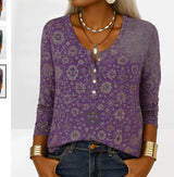 Women's Long-Sleeve Printed V-Neck Loose T-Shirt