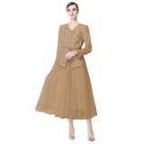 Metal Flower-Clasp Suit Waist-Cinching Slimming Coat And Mesh Long Skirt Two-Piece Set