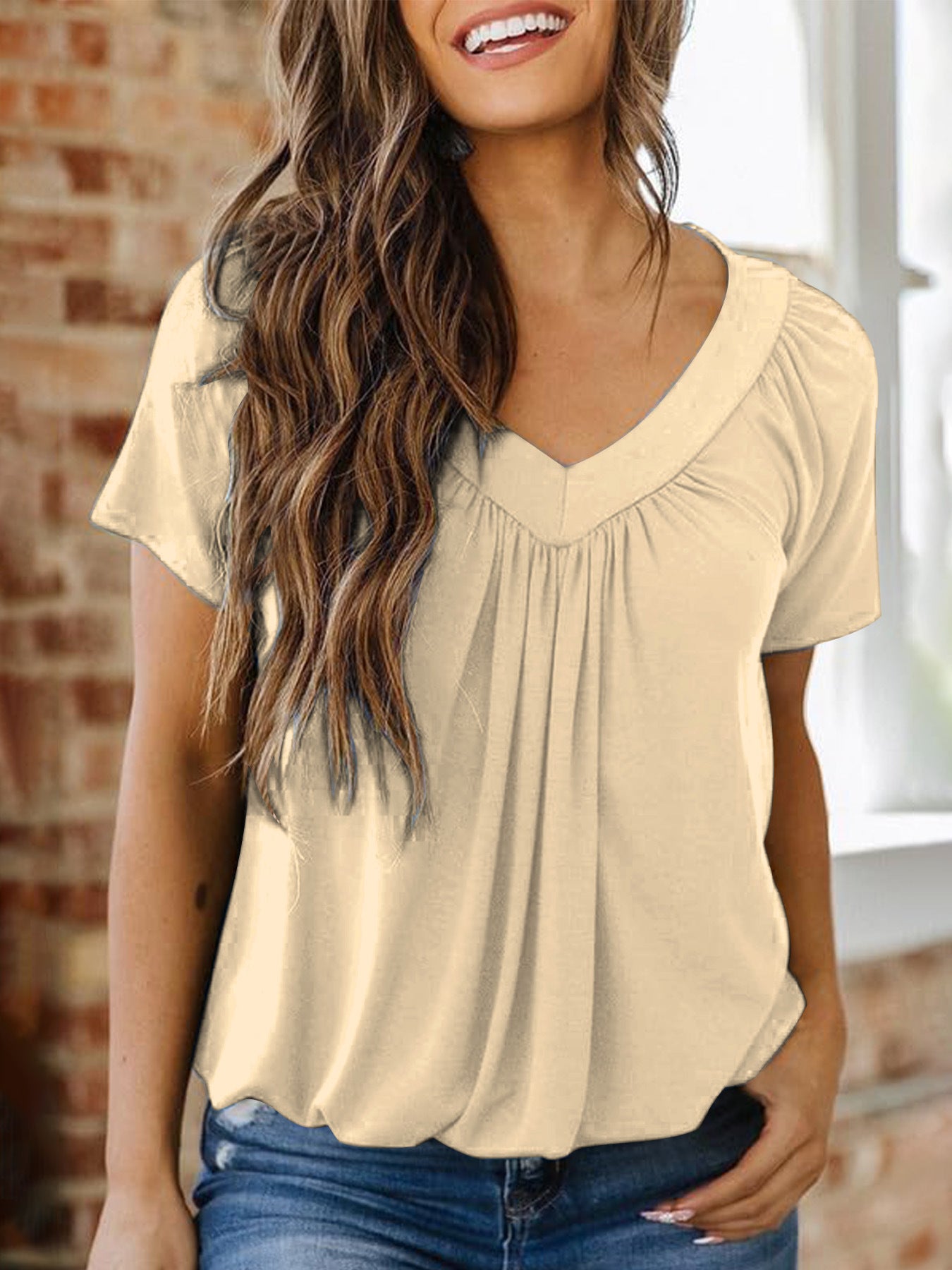 Women's Casual Pleated Solid Color V-Neck T-Shirt