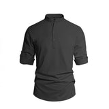 Men's Solid Color Stand Collar Long Sleeve Cotton-Linen Shirt