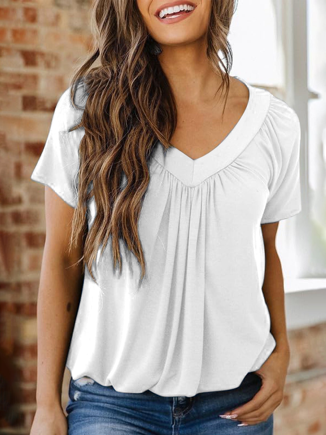 Women's Casual Pleated Solid Color V-Neck T-Shirt