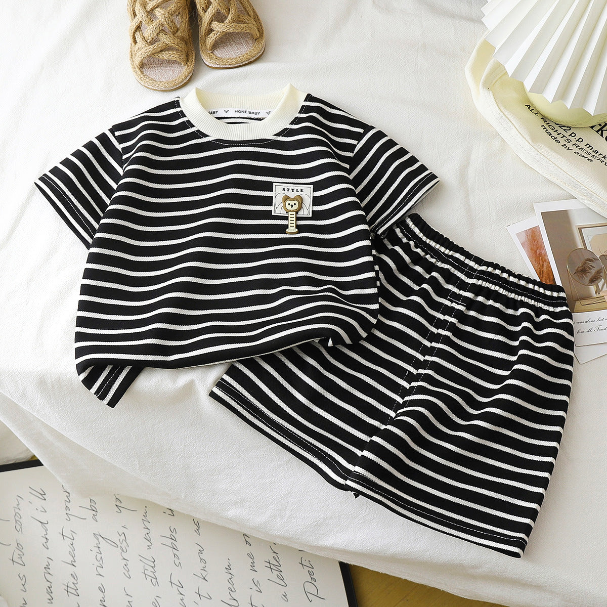 Children's Short-sleeve Set Black And White Striped Boys' T-shirt