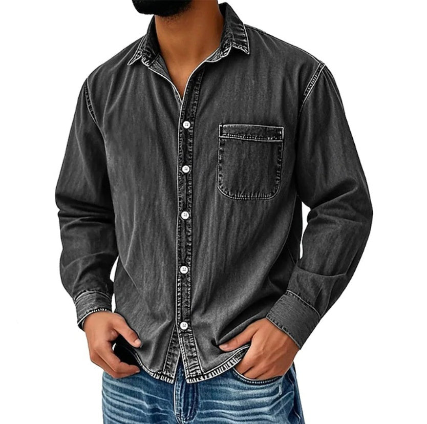 Mens Denim Long-sleeve Shirt Washed Long-sleeve Top