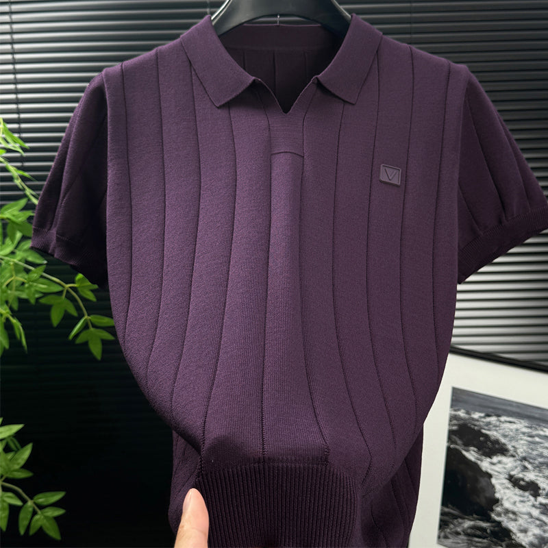 Men's Green Vertical Rib Knit Polo Shirt, Johnny Collar Short Sleeve Casual Top