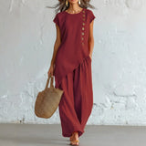 Womens Solid-Color Crew-Neck Buttoned Short-Sleeve Wide-Leg Pants Set