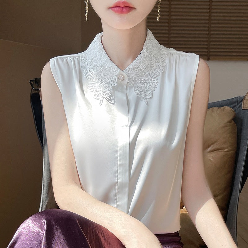 Thin Lace-trimmed Sleeveless Cardigan Vest