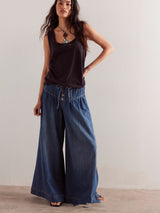 Womens Pleated Mid-Waist Lace-Up Loose Wide-Leg Denim Jeans