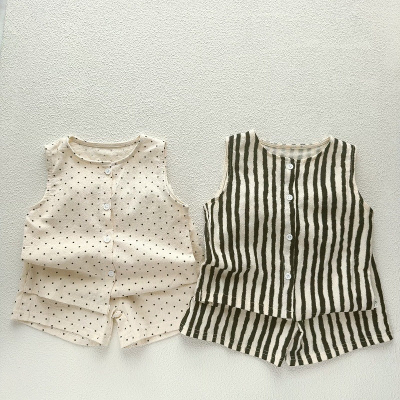 Korean-style Childrens Cotton-linen Thin Two-piece Set