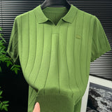Men's Green Vertical Rib Knit Polo Shirt, Johnny Collar Short Sleeve Casual Top