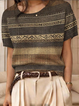Retro Short-Sleeve Sweater Contrast-Color Jacquard Knit Top