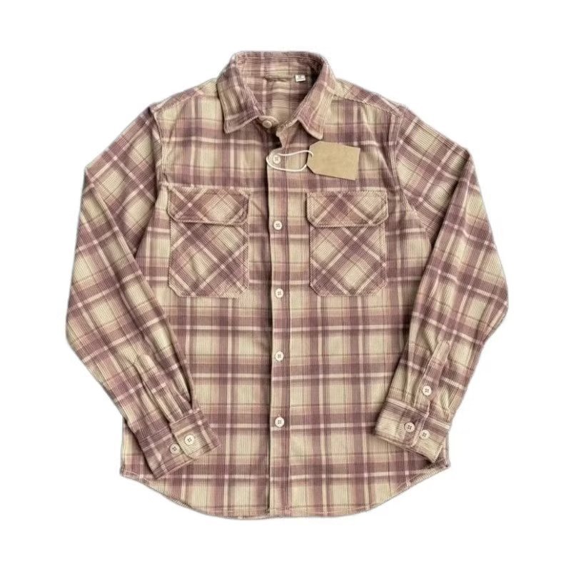 Retro Casual Slim-Fit Striped Corduroy Plaid Shirt