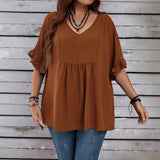 Solid-color Loose Ruffled High-waist Three-quarter-sleeve Top