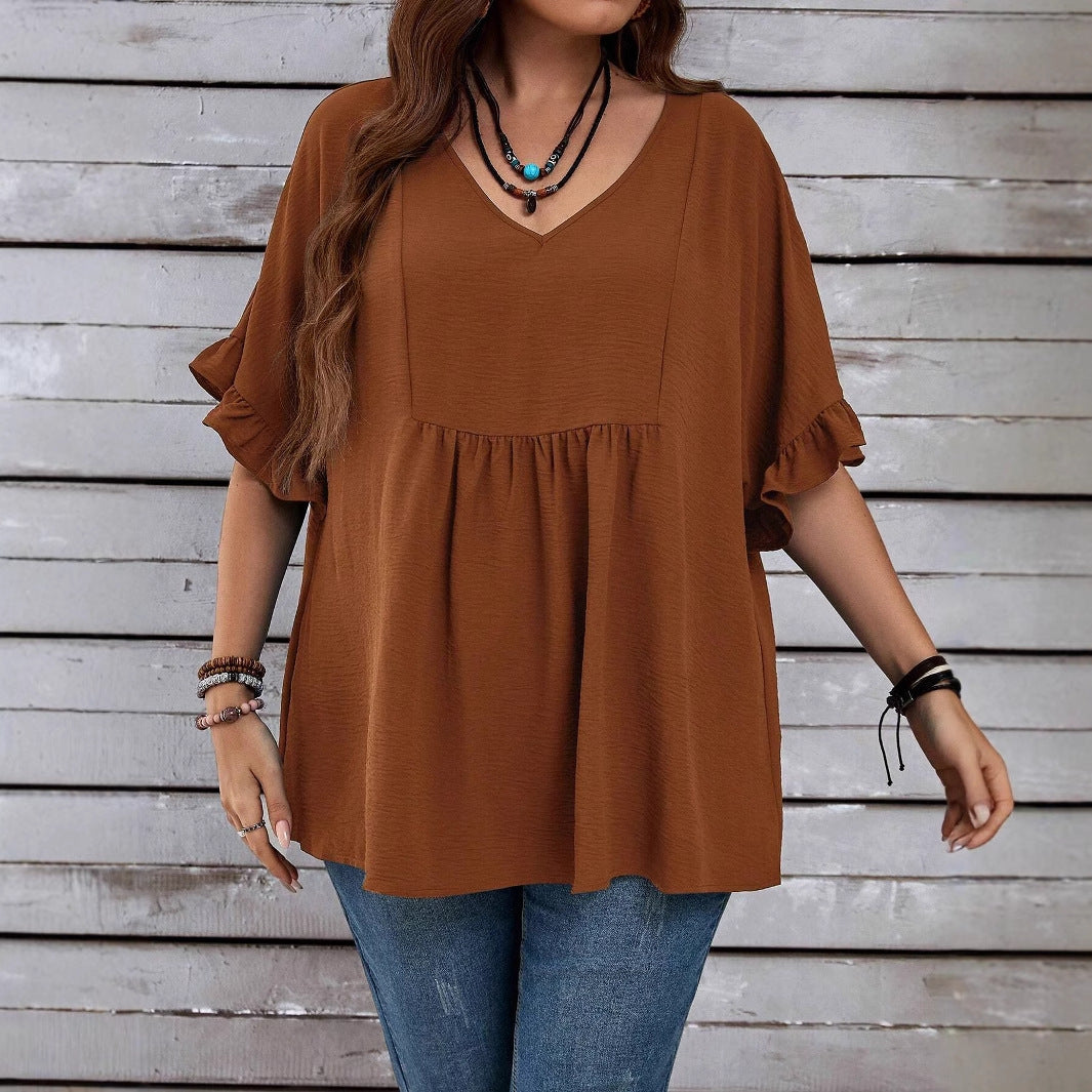 Solid-color Loose Ruffled High-waist Three-quarter-sleeve Top