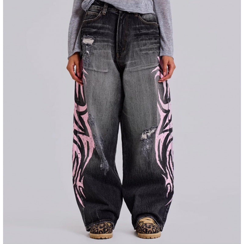 Womens Distressed Relaxed-Fit Denim Jeans With A Bold Totem Print And Extra-Wide Legs