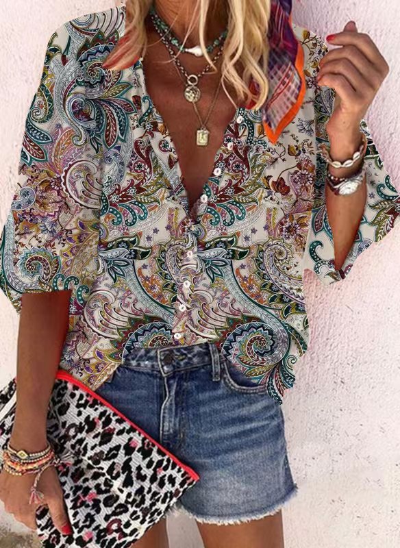 Loose-fit Button-up Retro Print Casual Shirt