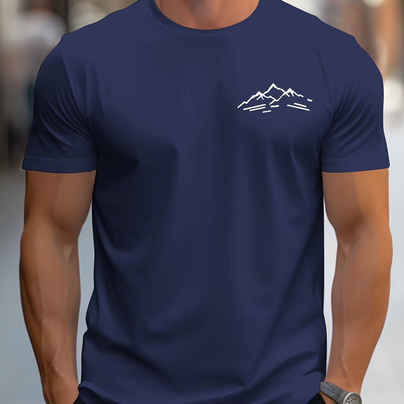 Cotton Relaxed Fit Mountain Pattern Printed Crew Neck Short Sleeve T Shirt For Sports